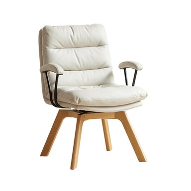 Ergonomic Leathaire Desk Chair, Comfy Modern Home Office Chair No Wheels, Beech Wood Legs, Cream White