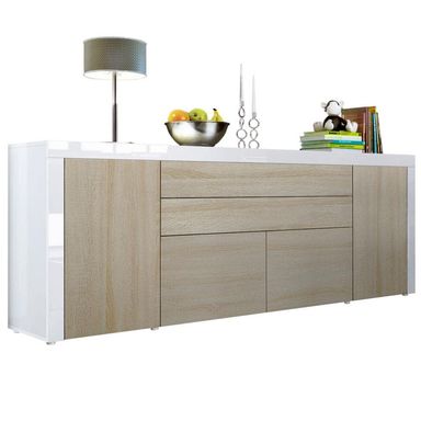 Vladon Buffet La Paz V2, Commode avec 2 Portes, 2 tiroirs, et 2 clapets, Blanc Haute Brillance/chêne Brut/Blanc Haute Brillance (200 x 72 x 35 cm)