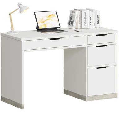 White Desk with 4 Drawers, Small Desk with Storage, White Computer Desk with Filing Cabinet, Small Desks for Kids, Home Office Desk with Drawers, Bedroom, Small Space