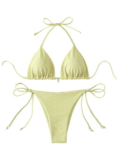 SOLY HUX Women's Polka Dots Print Bathing Suit Halter Triangle Tie Side Bikini Sets Two Piece Swimsuit X-Small Yellow Polka Dots