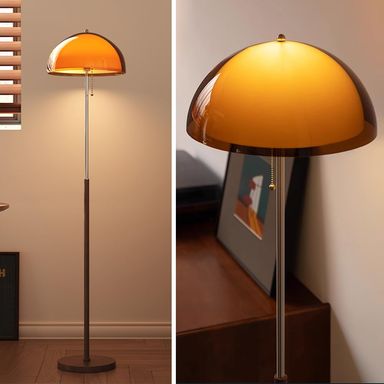 Mushroom Floor Lamp 63" H Orange Floor Lamp for Living Room with Gradient Double Dome Lampshade 3 Color Adjustable Light Pull Chain Switch MCM Standing Lamp for Bedroom Office Study Room