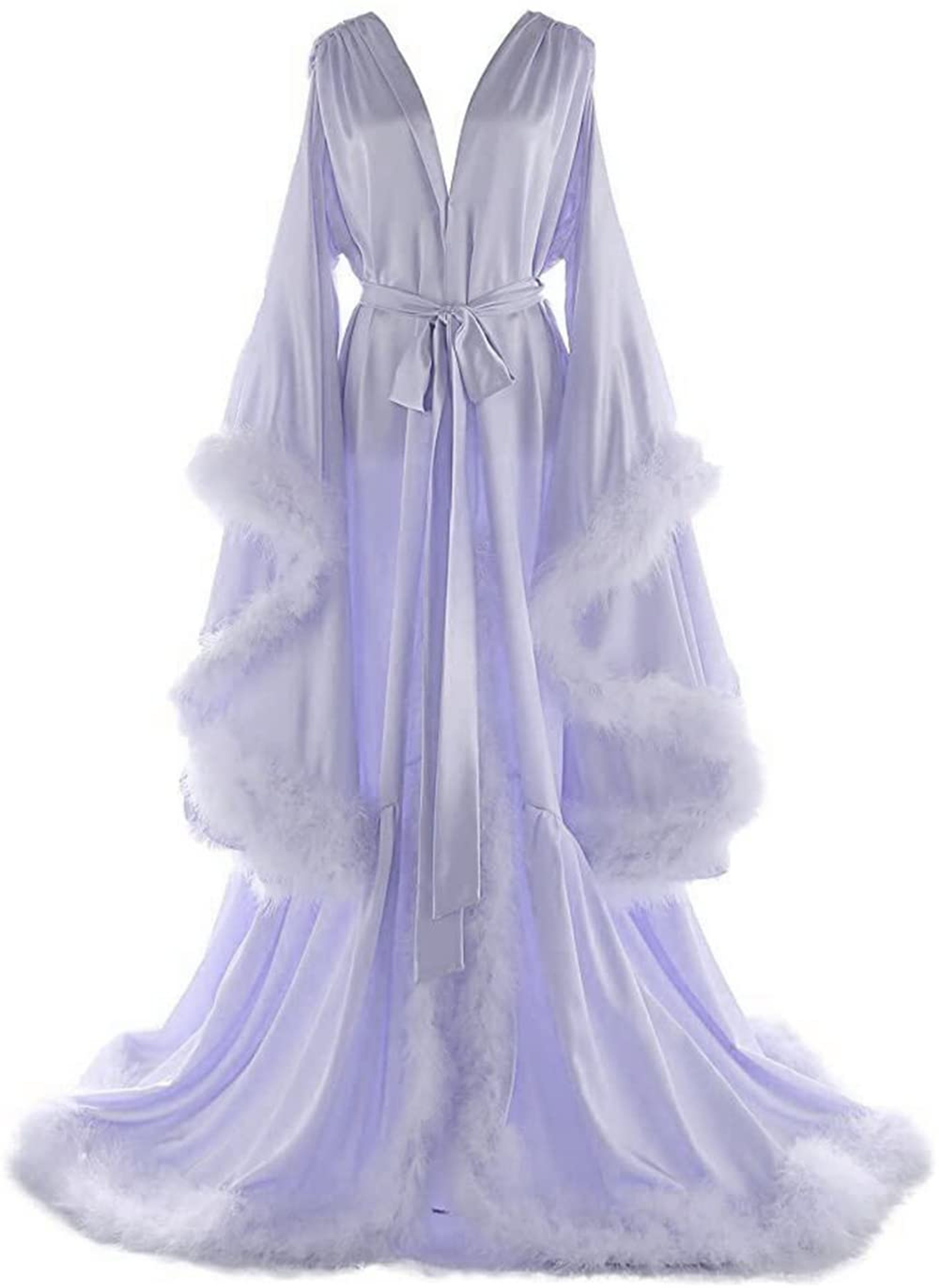 Women's Feather Bridal Robe Silk Nightgown Lilac Medium
