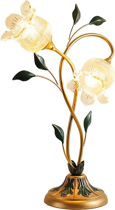 Gold Glass Flower Table Lamp Vintage 2-Light Floral Side Beside Desk Lamp Green Leaf and Milk Glass Lampshade Decorative Retro Flower Shape Nightstand Lamp for Bedrooms Living Room Indoor