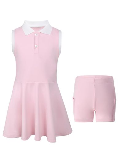 Girls Tennis Dress Kids Polo Golf Dress with Separate Shorts Pockets Sleeveless Toddler Tennis Outfit 5-15 Years Pink 5-6 Years