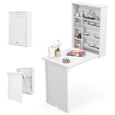 Tangkula Foldable Wall Mounted Desk, Floating Table with Storage Shelves & Hooks, Space-Saving Fold-Up Murphy Desk for Small Spaces, Home Office, Dorm Room White