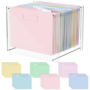 24 Hanging File Folder with Acrylic Organizer for Letter/a4 Size Desktop Clear File Storage Box with Handles for Home Work Office Use(Macaroon,Classic)