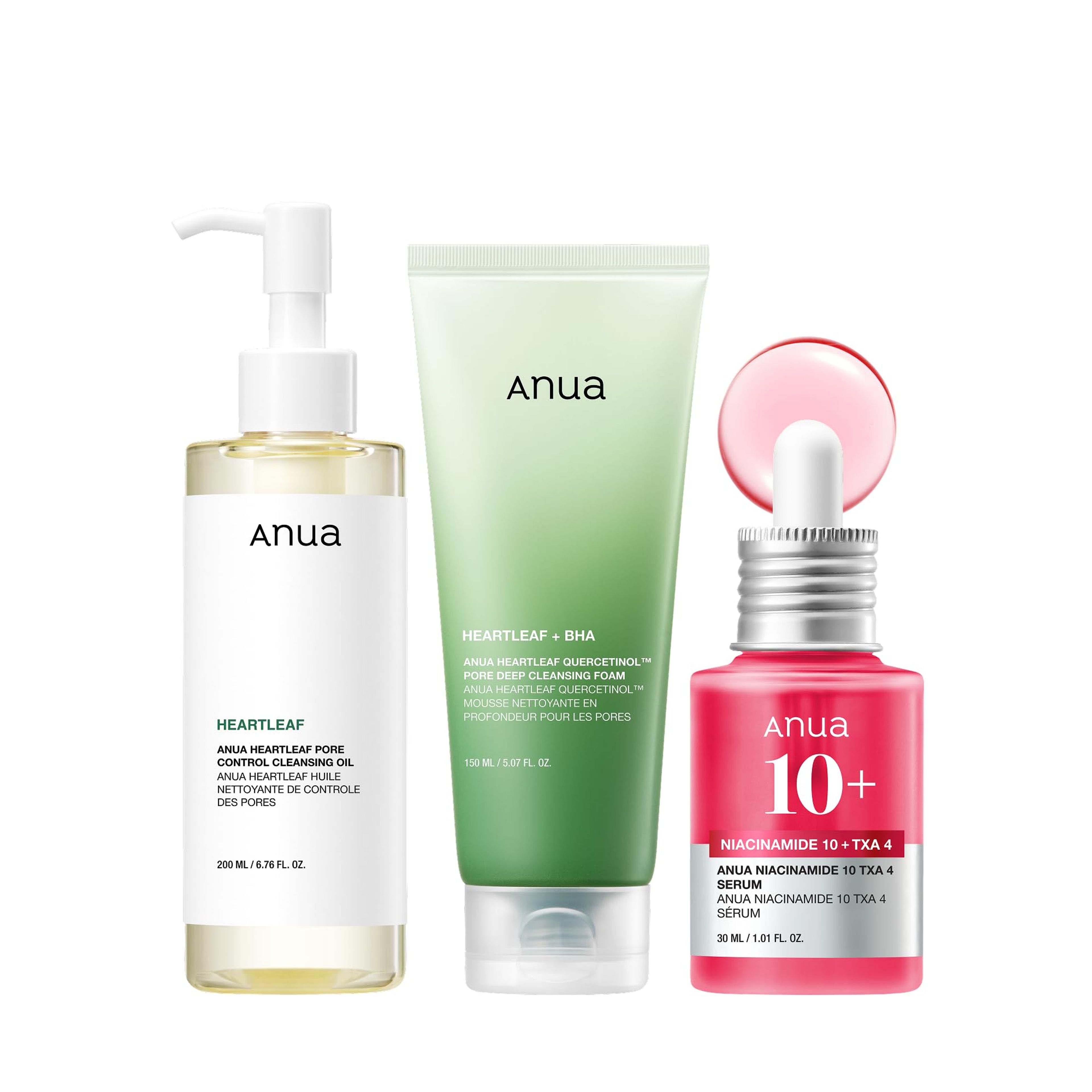 Anua 3-Step Glass Skin Set: Korean Double Cleansing Oil, Heartleaf Wash & TXA Serum