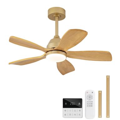 36 Inch Ceiling Fans with Lights and Remote, 5 Blades Wood Ceiling Fan with Light, Dimmable, Wall Switch, Reversible DC Motor, Modern Indoor Outdoor Ceiling Fans for Patios Bedroom (Gold) Natural Wood Downrod Mount 36 inch