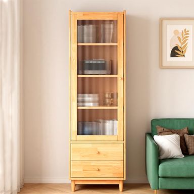 Wooden Glass Door Bookcase - 4-Tier Cube Bookshelf Storage Cabinet with Double Drawer and Adjustable Shelf, Solid Wood Legs Cupboard in Pear Yellow 4-Tier 2-Drawer Pear Yellow