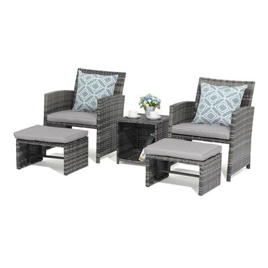 OC Orange-Casual 5 Piece Patio Furniture Set, Wicker Outdoor Conversation Chair and Ottoman Set with Coffee Table, Pillows Included, for Balcony, Porch, Deck, Light Grey