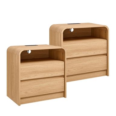 25" Tall Modern Nightstand Set of 2, 23.6'' Wide Wood Bedside Table w/2 Storage Drawers, Charging Station, Mid Century End Table for Bedroom, Living Room,Curved Profile Design, Natural Oak Natural 2 Pieces