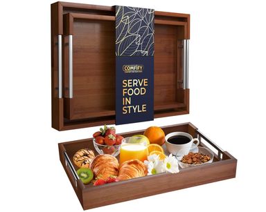 Set of 2 Decorative Serving Trays - Bamboo + Silver Stainless Steel Handles - Coffee Table or Ottoman Tray for Breakfast in Bed Jewelry, Decor Organization - 12"x17" - Stained Brown Finish 12 x 17 inches (2 piece set) Bamboo Brown With Silver Handles