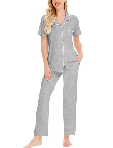 SWOMOG Women Pajama Sets Two-Piece Nightwear Short Sleeve Sleepwear Button Down Pj Lounge Sets with Long Pants