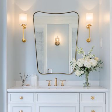 ANDY STAR 24x32 Inch Gold Mirror, Bathroom Vanity Mirror, Antique Brass Wall Mirror, Unique Irregular Wall Mirror with Sophisticated Curved Design Ideal for Home Decor, Anti-Rust Brushed Gold 32"L x 24"W