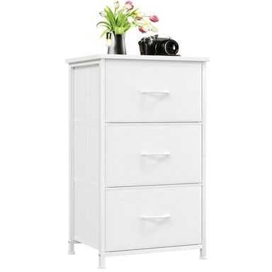 Somdot Nightstand with 3 Drawers, Small Dresser for Bedroom, Bedside Table Night Stand End Table with Fabric Bins for Bedroom Closet Dorm Kids Room, White Leather