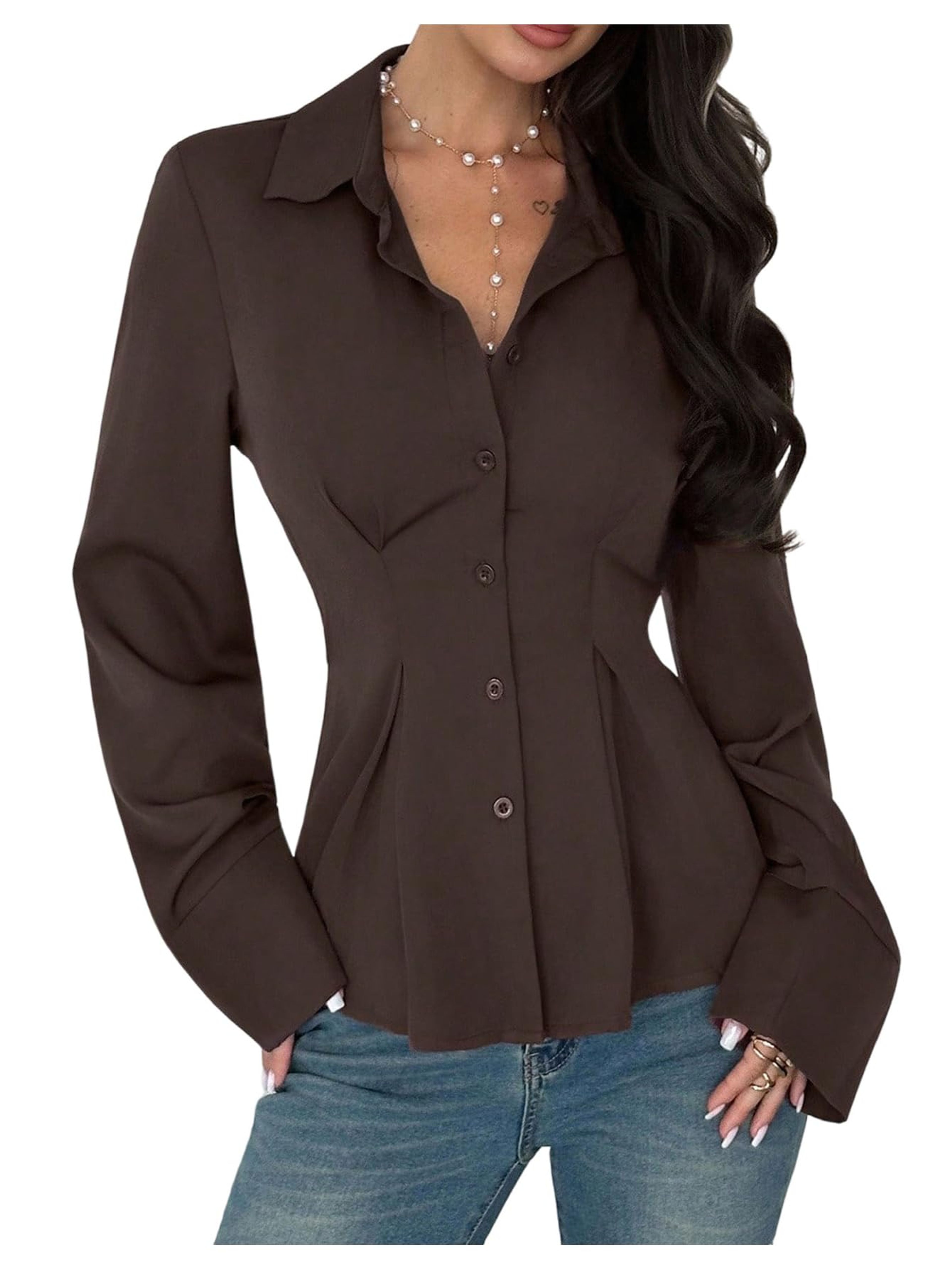 MakeMeChic Women's Pleated Long Sleeve Button-Down Shirt Brown XS