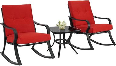 Oakmont Outdoor Furniture 3 Piece Conversation Bistro Set Rocking Chairs and Glass Top Table, Thick Cushions, Black Steel (Red)