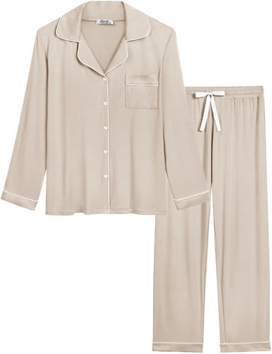 Joyaria Womens Bamboo Viscose Pajama Sets Long Sleeve Button Down Cooling Sleepwear Soft Comfortable Pj Pants Set for Women Large Cream