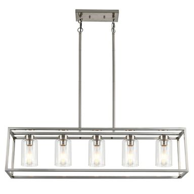 Modern Chandeliers Rectangle Brushed Nickel 5 Light Dining Room Lighting Fixtures Hanging,Kitchen Island Cage Linear Pendant Farmhouse Ceiling Light with Clear Glass Shade Adjustable Rods