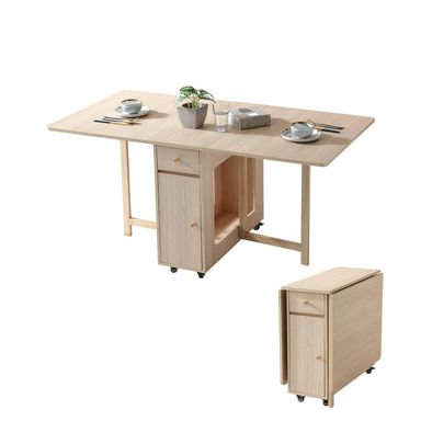 Extendable Drop Leaf Folding Dining Table with 2 Drawers and 4 Wheels for Living Room Kitchen Farmhouse Space Saving Table in Wood Color