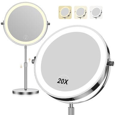 Makeup Mirror with Lights, 1x/20x 360° Rotation Vanity Mirror, Brightness Adjustable Lighted Makeup Mirror with Magnification, 5000 mAh Rechargeable Double Sided Mirror with 3 Colors, Gift for Women Chrome