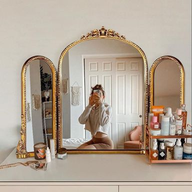French Online Celebrity Folding Three-Sided Mirror Retro Wall-Hung Bedroom European Bathroom Mirror Dressing Table Three-fold Mirror. gold-80 * 60cm 80*60cm Gold