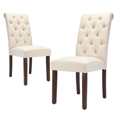 Tufted Dining Chairs Set of 2, Upholstered Parsons Dining Room Chairs, Fabric Kitchen Side Chair with Wood Legs, Beige
