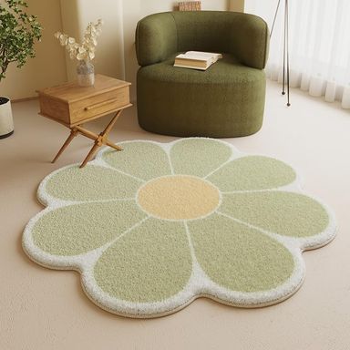 Green Flower Shaped Area Rug, Cute Round Rug for Bedroom, Living Room, Fluffy Circular Rug, 39.4" Round