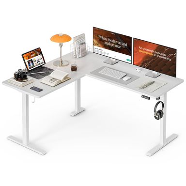 L Shaped Standing Desk Adjustable Height, Electric Standing Corner Desk, 160 x 140 cm Sit Stand Computer Table with Splice Board, White 63 Inch White