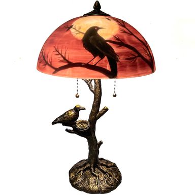Bieye L10969 Ravens Sitting on Bare Tree Branch Against Full Moon Hand-Painted Glass Table Lamp with Raven Nest Lamp Base for Halloween Home Decor (Black Red, 14" D x 14" W x 22" H) 14"D x 14"W x 22"H Black Red