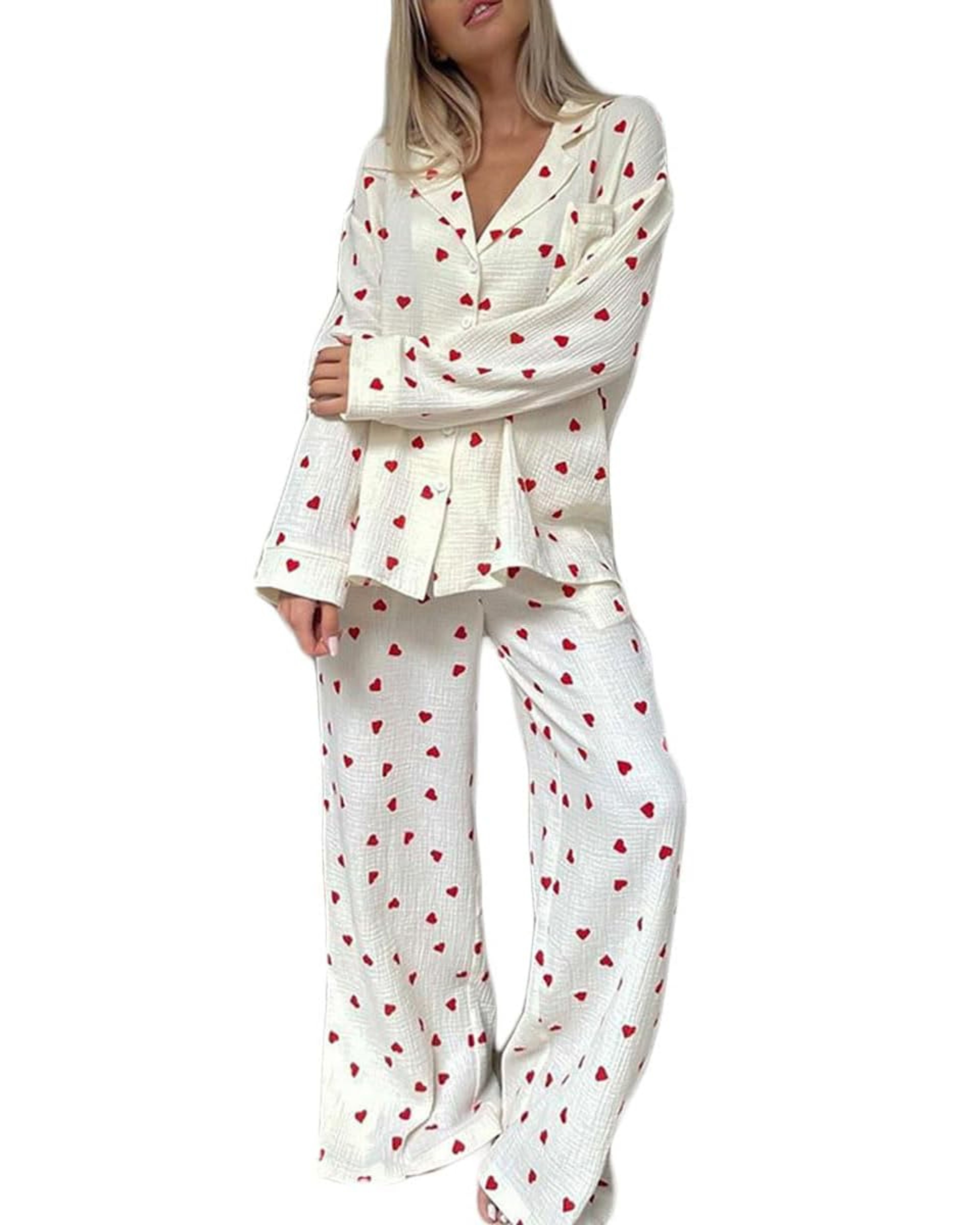 Women's Cotton Heart Print Pajama Set - Long Sleeve Button-Down Shirt & Pants, Apricot