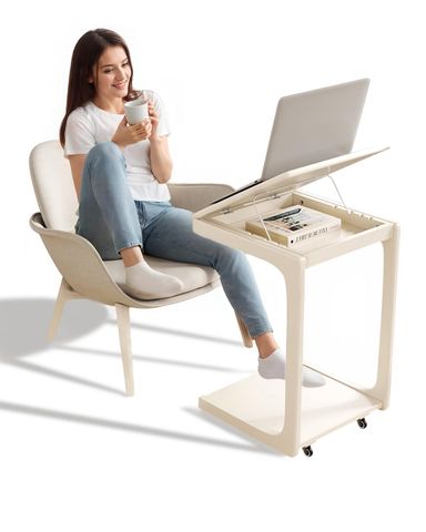 Wooden C-Shaped End Table,Couch Table with Adjustable Desktop,Small Rolling Side Table with 2 Lockable Wheels,Small End Table for Couch, Living Room,Bedroom (White)