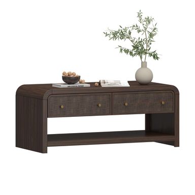 Oak&Sparrow 48'' Boho Coffee Table, Thickened Arc-Shaped Design with Rattan Drawer, Oak Table for Living Room Dark Walnut