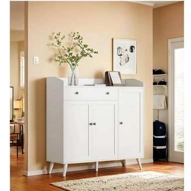 White Large Shoe Cabinet fit up to Shoe Size 16, Shoe Storage Cabinet with 3 Doors and 1 Drawer, Wooden Shoe Organizer for entryway