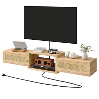 IBUYKE Modern Rattan Floating TV Stand with Doors,Wall Mounted TV Shelf for TVs up to 55 Inches,Media Console Entertainment Center for Under TV Storage Cabinet for Living Room Bedroom,Natural UWST012N