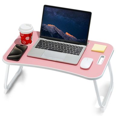 Laptop Bed Desk, Foldable Lap Table, Portable Study Table, Laptop Stand with Cup Holder & Tablet Slot & Lifting Handle for Working Writing Drawing & Eating - Pink