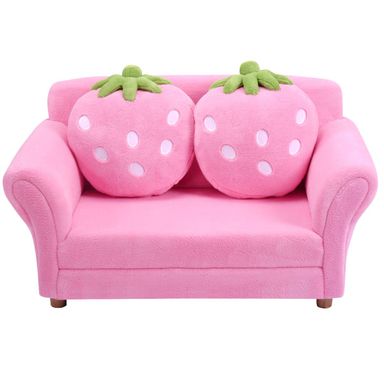 Fireflowery Kids Sofa, Children Upholstered Loveseat Lounge Bed w/ 2 Cute Strawberry Pillows, Children Couch Armrest, Double Seat Kid Sofa for Playroom Bedroom Living Room Baby Room, Pink