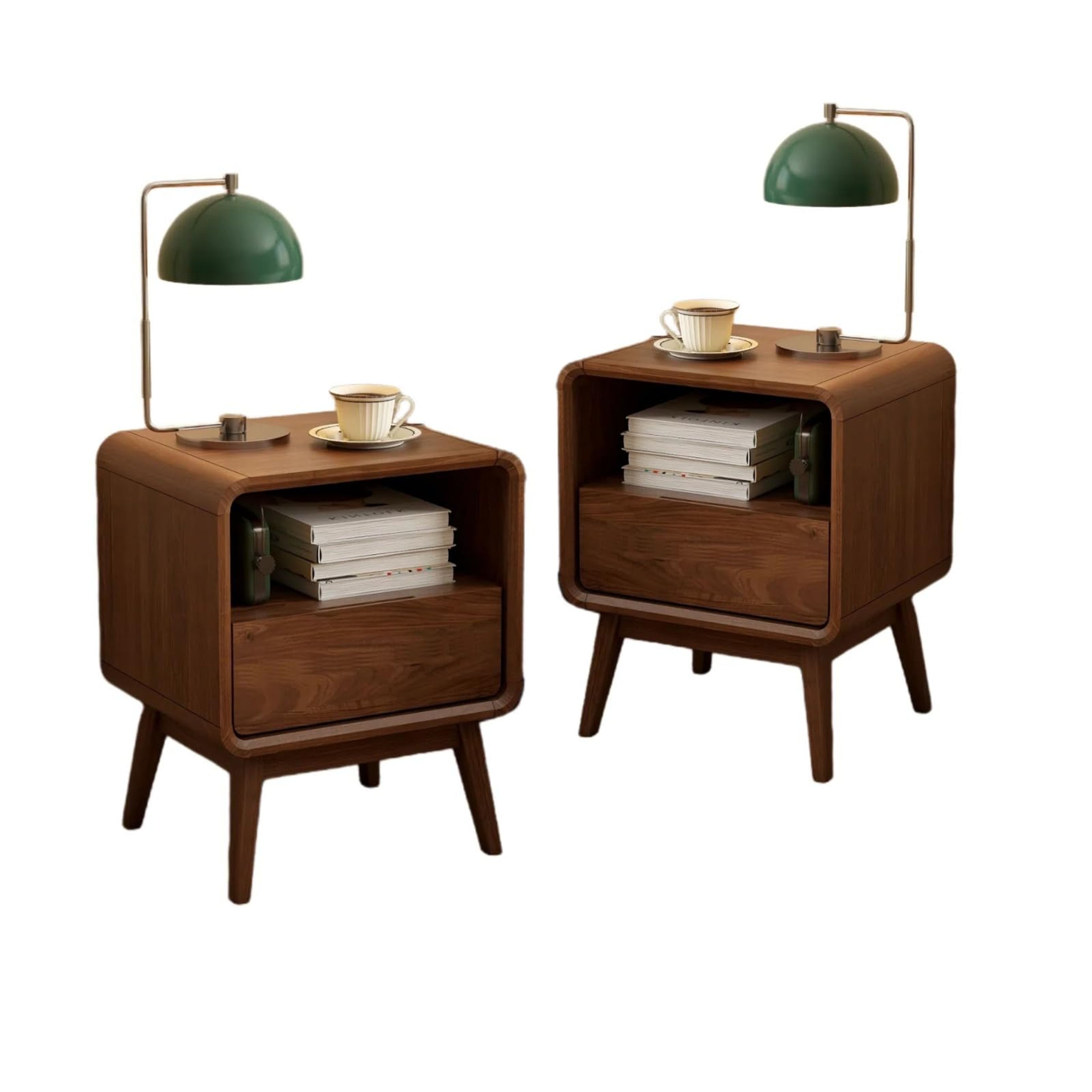 Solid Walnut Nightstand Set of 2 - Mid-Century Modern Bedside Tables