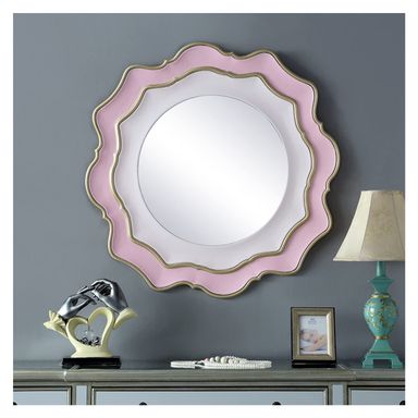 Home Decor Mirror for Wall, Petal Shape, American Antique Vanity Hanging Mirror, Wooden Frame, Explosion Proof Lens, 30''x30'', Pink