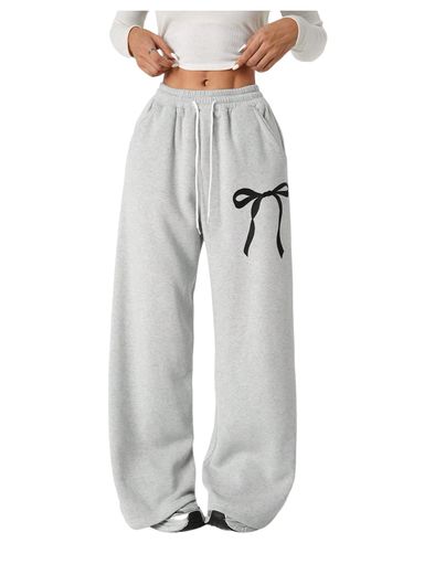 Verdusa Girl's Bowknot Baggy Sweatpants Lightweight Straight Leg Athletic Pants with Pockets 14 Years Grey