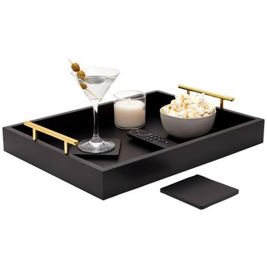 Juvale Wooden Serving Tray - 15.7 x 11.8 x 3.1 in, Black Rustic, Includes 2 Coasters - Decorative Tray with Interchangeable Gold & Silver Handles - Sofa & Ottoman Use, Coffee Table Decor