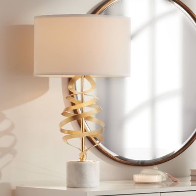 Possini Euro Design Helix Modern Luxury Table Lamp 30" Tall Sculptural Brass Gold Open Ribbon Metal White Linen Drum Shade for Bedroom Living Room House Bedside Nightstand Home Office Entryway