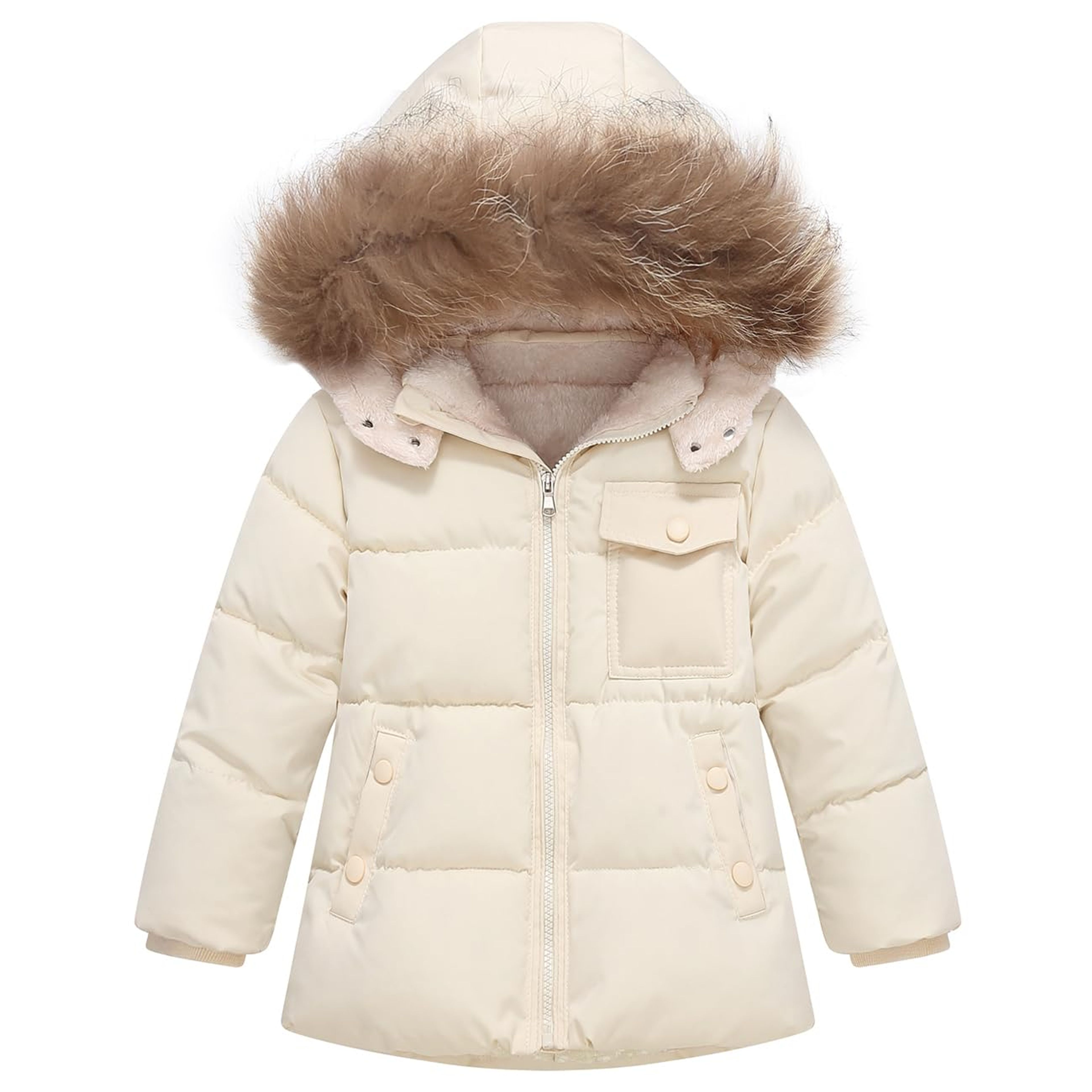 Girls Fleece-Lined Puffer Jacket Fur Hooded Winter Parka Beige 11-12Y
