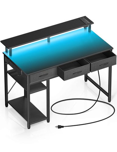Rolanstar Computer Desk with Power Outlets & LED Light, 39 inch Home Office Desk with 3 Drawers and Storage Shelves, Writing Desk with Monitor Stand, Modern Work Desk for Home Office, Carbon Black Carbon Black 39inch