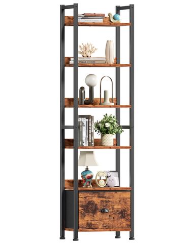 Furologee 6 Tier Bookshelf, Tall Shelf with Drawer, Wood and Metal Bookshelves Storage Organizer, Industrial Display Shelving Unit for Bedroom, Living Room, Home Office, Rustic Brown 6 Tier Rustic Brown