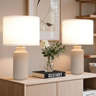 COTULIN 23" Modern Ceramic Table Lamp Set of 2 for Living Room,White Desk Lamps for Bedroom,Farmhouse Nightstand Bedside End Table Lamps Beige Home Decor 23 inch