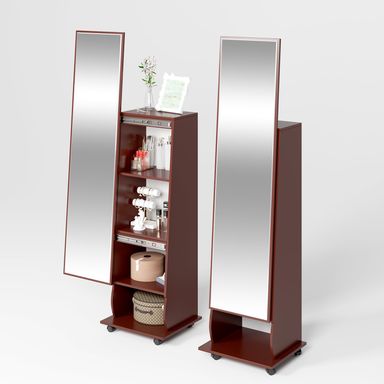 Side-Sliding Full-Length Mirror, Full Length Mirror Large Capacity Organizer Armoire, 4 Tier Cabinet Floor Standing Mirror with Wheels, Rolling Mirror with Storage for Bedroom, Cloakroom
