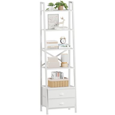 Furologee 5-Tier Ladder Shelf with 2 Drawers,Narrow Bookshelf Storage Shelves,Industrial Bookcase Freestanding Rack Units for Bedroom,Living Room,Bathroom,Home Office,Balcony,Wood Metal, White White 5-Tier