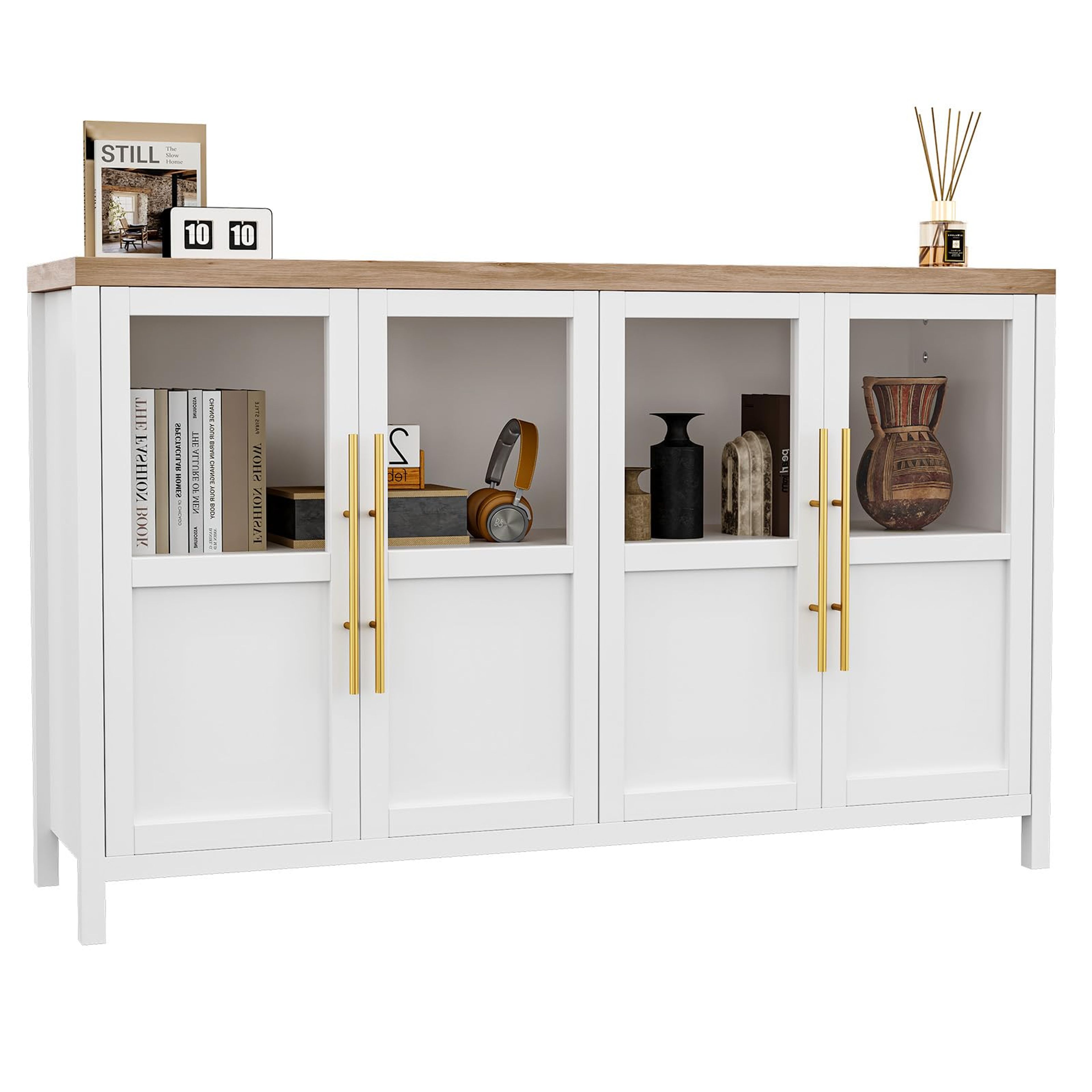 55-Inch White Sideboard Buffet with 4 Glass Doors | GarveeHome
