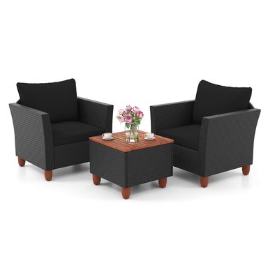 ORALNER 3 Pieces Patio Furniture Set, Outdoor Wicker Conversation Chairs with Soft Cushion and Acacia Lift-Top Coffee Table, Rattan Bistro Set for Balcony Garden Backyard Front Porch Poolside (Black)